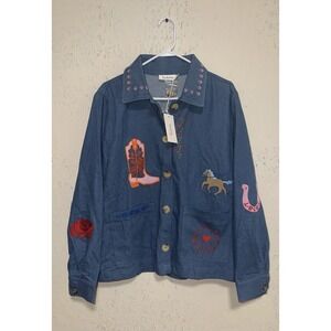 Taelynn Embroidered Denim Jacket Western Cowboy Boho Floral Horse Large NEW